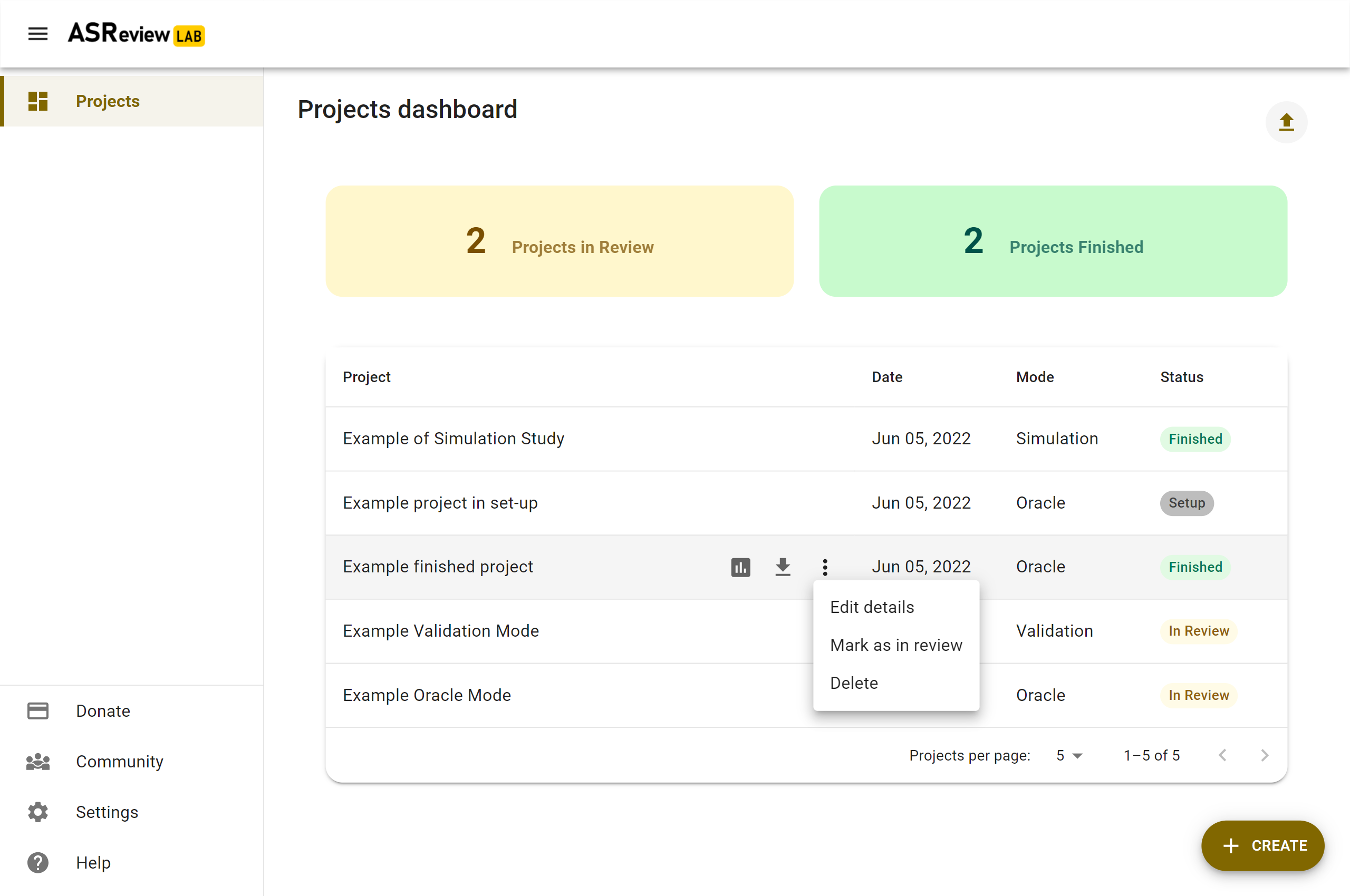 ASReview LAB Projects dashboard show options