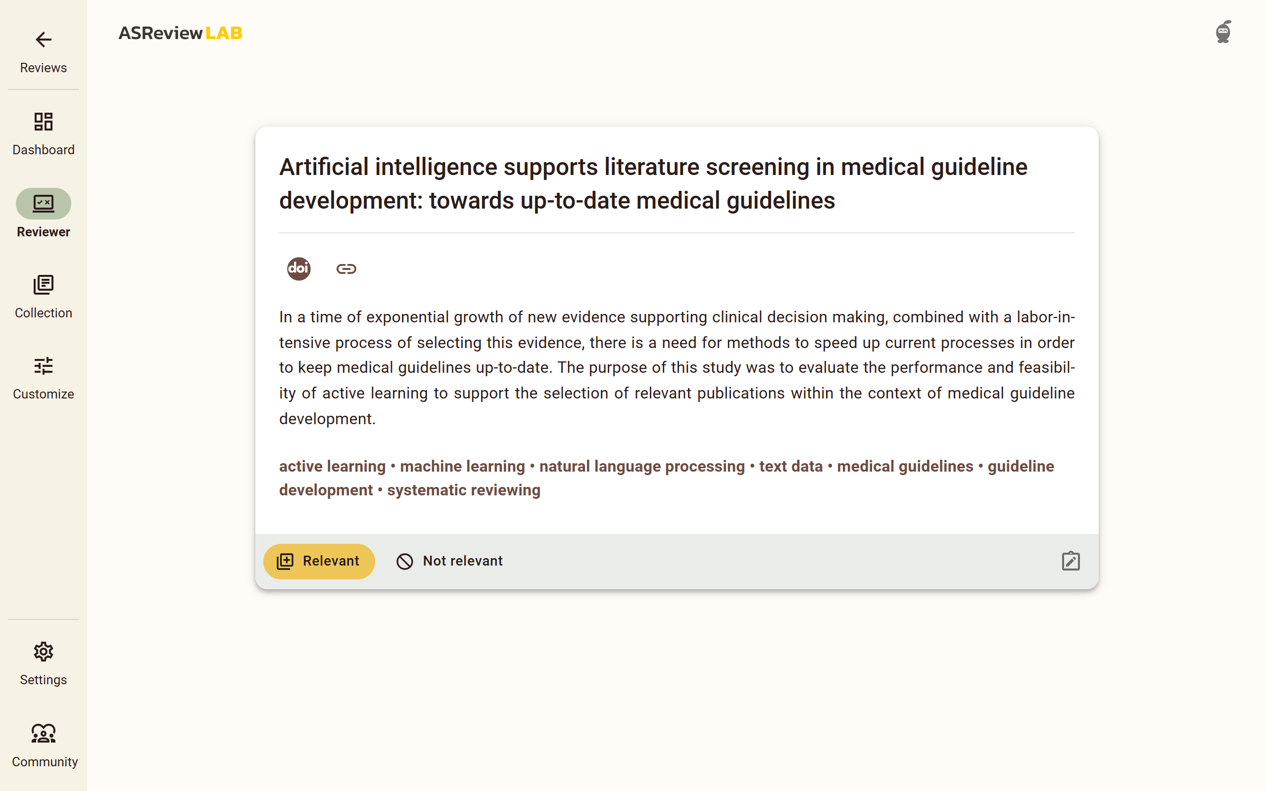 Reviewer screen for ASReview LAB