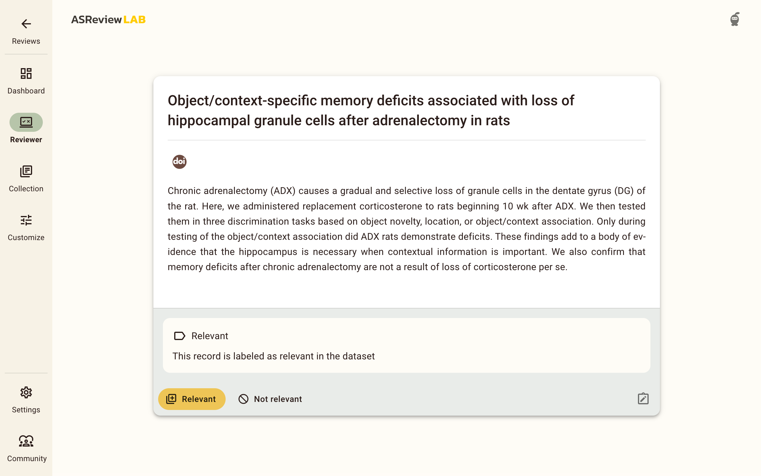 Reviewer screen for ASReview LAB with label to validation label